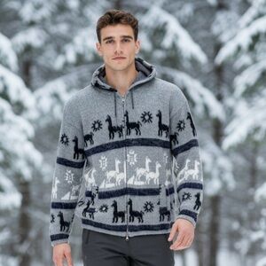 Ecuadorian Llama Patterned Zip-Up Sweater